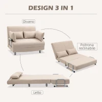 HOMCOM Divano Letto 2 Posti 3 in 1 Convertibile in Poltrona Reclinabile e 4 Cuscini, 102x82x81 cm, Beige(m-4)