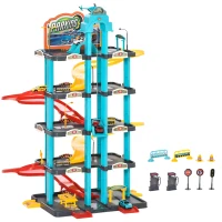HOMCOM 5-Level Car Parking Garage Toy Race Tracks Car Ramp Set Toddler Car Games w/ Cars & Helicopter Elevator Gas Station Car Repair Station for 3-6 Years Old(m-1)