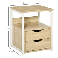 HOMCOM Mesa Auxiliar con 2 Cajones y Estantes de Almacenamiento Mesita de Noche con Marco de Metal 40x35x49 cm Natural(m-3)