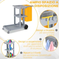 HOMCOM Carrello Pulizie Professionale con 3 Ripiani, Ganci Portascopa, 4 Ruote e Sacco 100L, Arancione 121 x 50.5 x 96.5cm(m-4)