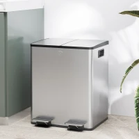HOMCOM Papelera de Cocina de Acero Inoxidable con 2 Compartimentos 2x20L Pedal Tapas de Cierre Suave y Cubo Extraíble Plata(m-2)