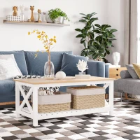 HOMCOM Beistelltisch Couchtisch Kaffeetisch stabiler Teetisch Wohnzimmertisch Bauernhausstil MDF Natur+Weiß 116 x 60 x 48 cm(m-6)