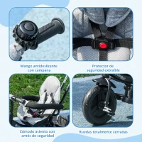 HOMCOM Triciclo Evolutivo para Niños +12 Meses con Toldo Plegable Mango de Empuje Telescópico y Cinturón de Seguridad Gris(m-4)