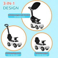 AIYAPLAY 3-in-1 Rutschauto, abnehmbare Schiebestange, Hupe, Musik, Stauraum, für 1-3 Jahre, Weiß(m-4)