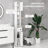 kleankin Mueble Auxiliar Baño Moderno con 1 Cajón 5 Estantes y 2 Armarios para Salón Dormitorio Carga 30 kg 20x20x180 cm Blanco(m-4)