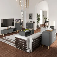 HOMCOM Meuble TV pour télévision jusqu'à 55 pouces scandinave 2 portes 2 niches avec passe-câbles 150 x 35 x 45 cm gris foncé(m-9)