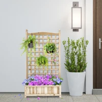 Outsunny Garden Planters with Trellis for Climbing Vines, Wood Raised Beds for Garden, Flower Pot, Indoor Outdoor, Natural(m-10)
