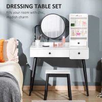HOMCOM Dressing Table Set with Mirror and Stool, Vanity Makeup Table with 3 Drawers and Open Shelves for Bedroom, Living Room, White(m-4)