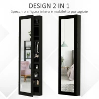 HOMCOM Specchio Portagioie da Parete con Ganci e Scompartimenti in Legno, Armadietto Portagioie con Specchio per Orecchini, Collane e Anelli, 37x9.5x121 cm, Nero(m-4)