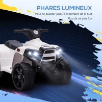 HOMCOM Voiture 4x4 Quad Buggy électrique Enfant 18-36 Mois 6 V 3 Km/h Max. Effet Lumineux sonores métal PP Blanc Noir(m-6)