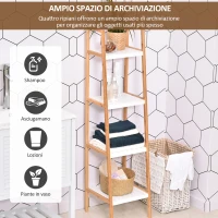kleankin Scaffale per il Bagno a Scala con 4 Ripiani in Legno di Pino e Bambù, 35x36x138.5 cm, Bianco e Legno(m-4)