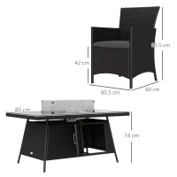 Outsunny 7 Pieces Outdoor Rattan Garden Furniture with Fire Pit Table, 6 Seater Garden Table and Chairs with Cushions, Rattan Dining Set with Propane Heater Table, Windscreen, 50,000 BTU, Black(m-3)
