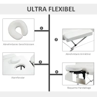 HOMCOM Mobile Massageliege 3 Zonen Klappbar Massagetisch mit Kopfstütze Armlehne Tragetasche höhenverstellbare Aluminium Massagebett tragbar inkl. Zubehör Massagebank bis 225 kg Belast Weiß(m-4)