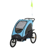 HOMCOM 3 In 1 Foldable Children Bike Trailer Kids Stroller Jogger Transport Buggy Carrier w/ Suspension Rubber Tires Adjustable Handlebar for 2 Kids Blue and Black(m-1)