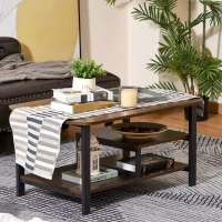 HOMCOM Couchtisch, Wohnzimmertisch Kaffeetisch mit Ablageflächen für Büro, Wohnzimmer, Schlafzimmer, industrieller Stil, E1 Spanplatte, Stahl, Braun, 100L x 60B x 46H cm(m-6)