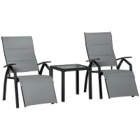 Outsunny Set da Giardino con 2 Sedie a Sdraio Reclinabili Imbottite e Tavolino in Vetro, Grigio(m-1)