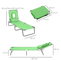 Outsunny Outdoor Folding Sun Lounger with Face Hole, 4 Level Adjustable Backrest Reclining Garden Lounger, Garden Recliner Sunbed with 600 D Oxford Cloth Seat and Pillow for Beach, Green(m-3)