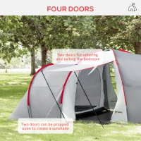 Outsunny Four-Man Tunnel Tent, with Two Bedrooms and Living Room - Grey/Red(m-5)