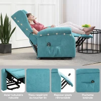 HOMCOM Fauteuil électrique releveur dossier inclinable avec repose-pied télécommande et pochette tissu aspect lin bleu(m-6)