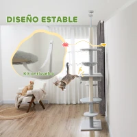 PawHut Árbol para Gatos de Suelo a Techo 225-255 cm con Hamacas Plataformas Juguete de Cuerda Bola de Juguete Gris(m-5)