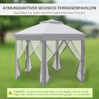 Outsunny Faltpavillon 4 x 4m, Sechseck-Design, Netzvorhänge, wasserabweisend, Lüftungsdach, Grau+Weiß(m-4)