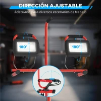 HOMCOM Foco LED Doble con Trípode Plegable 8500 Lúmenes IP65 6500K y Cabezas Ajustables para Trabajo Interior y Exterior Rojo(m-4)