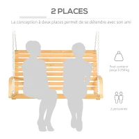 Outsunny Banc Suspendu 2 places balancelle de jardin en bois assise et dossier à lattes chaînes incluses naturel(m-4)