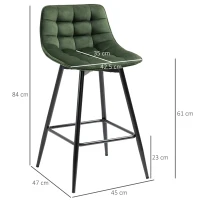 HOMCOM Set 2 Sgabelli da Bar con Schienale e Poggiapiedi Stile Nordico in Metallo e Velluto, Verde, 45x47x84cm(m-3)