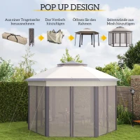 Outsunny Pavillon 4x4m Wasserdicht Pop-up sechseckiger Faltpavillon, Doppeldach, Gartenpavillon mit 6 Seitenteilen, Partyzelt inkl. Tragetasche, für Garten, Terrasse, Festival, Kaffee+Beige(m-4)