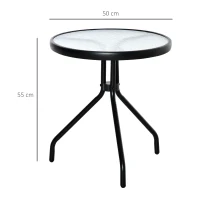 Outsunny Mesa de Jardín Redonda Mesa de Café Exterior con Tablero de Cristal Decorativo y Marco de Metal para Patio Terraza Balcón Ø50x55 cm Negro(m-3)