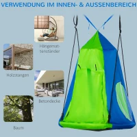 Outsunny Nestschaukel mit Zelt Ø100 cm Gartenschaukel mit Tür und Fenster Tellerschaukel Kinderschaukel Kinder Rundschaukel bis 200 kg belastbar Metall Grün+Blau(m-5)