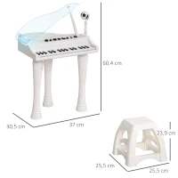 AIYAPLAY Juego de Piano Infantil de 32 Teclas con Micrófono Taburete Luces 22 Canciones y 4 Sonidos 37x30,5x60,4 cm Blanco(m-3)