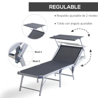 Outsunny Tumbona Plegable y Reclinable con Toldo Incorporado para Jardín Terraza Carga 120 kg 169x72x50/70cm Gris(m-4)