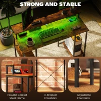 HOMCOM LED Computer Desk, with Power Outlets and Shelves - Rustic Brown(m-9)