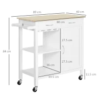 HOMCOM Kitchen Storage Trolley Cart Cupboard Rolling Wheels Shelves Cabinet Island W/ Drawers Towel Rail Wine Glass Rack Pine Wood Worktop  White(m-3)