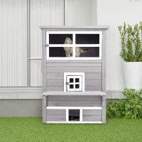 PawHut Three-Tier wooden Kitten Shelter, Outdoor Cat House, with Jumping Platforms, Asphalt Roof, Doors - Grey(m-10)