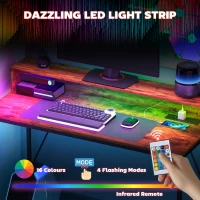 HOMCOM 120cm Computer Desk with LED Lights and Power Outlets, Gaming Desk with Monitor Stand, Computer Table with Remote for Home Office Study, Rustic Brown(m-4)