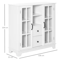 HOMCOM Küchenschrank Sideboard Aufbewahrungsschrank modern elegant mit 2 Schubladen und Glastüren für Esszimmer Wohnzimmer MDF Weiß 100 x 35 x 100 cm(m-3)
