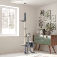 PawHut Kratzbaum Katzenbaum Deckenhoch Kletterbaum mit Spielbaum Katze Sisal Plüsch Hellgrau höhenverstellbar 60 x 40 x 238-270 cm(m-2)