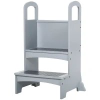 HOMCOM Kids Wooden Step Stool Kitchen Helper w/ Non-Slip Panels Handles Child Toddler Home Help 3 - 8 Yrs Grey(m-11)
