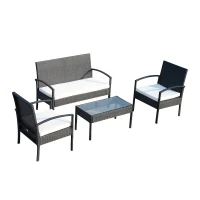 Outsunny Conjunto de Muebles Ratán Jardín Terraza 4 Plazas 4 Plazas 1 Mesa de Café 2 Sillones 1 Banco con Cojín Marco Metal(m-1)