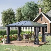 Outsunny 3.6 x 4m Hardtop Gazebo Canopy with Polycarbonate Roof, Aluminium Frame, Permanent Pavilion Garden Gazebo with Netting and Curtains for Patio, Deck, Dark Grey(m-12)