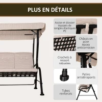 Outsunny Balancelle de Jardin 3 Places Grand Confort Toit Inclinaison réglable épais Coussins Amovibles Polyester Acier époxy Beige(m-6)