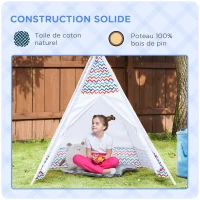 HOMCOM Tente Teepee Indien Tente de jeu pour enfant tipi enfant interieur Style Graphique - dim. 1,2L x 1,2I x 1,55H m Porte refermable fenêtre Polyester Coton Intérieur Extérieur Blanc Multicolore(m-6)