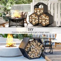 Outsunny Fireplace Log Rack, Steel Firewood Log Holder, 3 Hexagon Boxes, Indoor Outdoor Wood Storage Shelf, 113 x 37 x 113cm, Black(m-6)