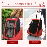 PawHut Transportin Carrito Perro 2 en 1 Mochila Carrito 42x25x55 cm Mascotas Perro Gato Rojo(m-4)