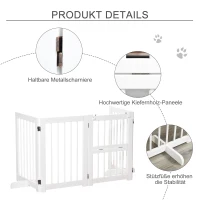 PawHut Hunde Absperrgitter Türschutzgitter mit 2 Stützfüßen, klappbares Schutzgitter mit Konfigurationsgitter, umkehrbarer Tür, 4 Stücke, Kiefernholz Weiß 215 x 38 x 75 cm(m-6)