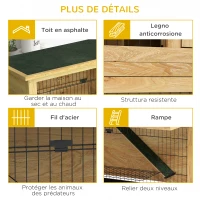 PawHut Clapier à lapin en bois 2 étages avec 3 portes plateau coulissant rampe toit bitumé 120 x 50 x 102 cm jaune(m-7)