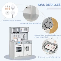 HOMCOM Cocina de Juguete de Madera para Niños de +3 Años Cocinita de Madera Infantil con Luz Sonidos Accesorios Utensilios Estufa Fregadero y Microondas 60x29x84 cm Gris(m-6)