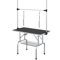 PawHut Mesa de Peluquería para Mascotas Mesa de Aseo Plegable con Estante de Almacenamiento Altura Ajustable 20-80 cm 107x60x170 cm Negro(m-10)